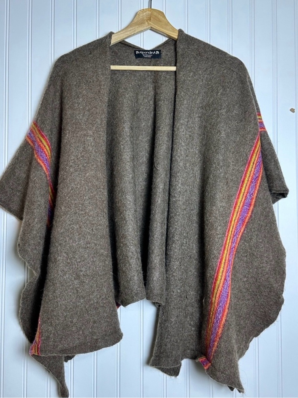 Alpaca Brown Wool Ruana with Colorful Stripe Detail Peruvian baby alpaca wool.